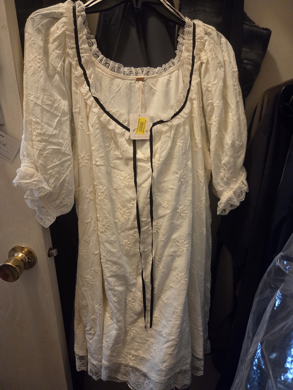 Free People Ivory Lace Peasant Top with Black Trim